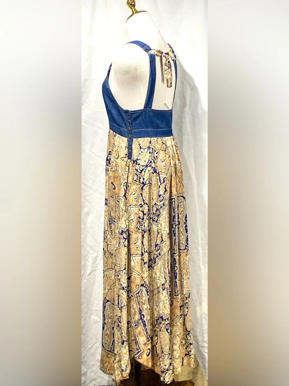 Free People Patchwork Paisley Maxi Dress in Mustard & Navy Denim Bust Size XS